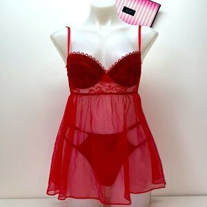 🔥Victoria secret babydoll lingerie  sz 34C red panty large  New